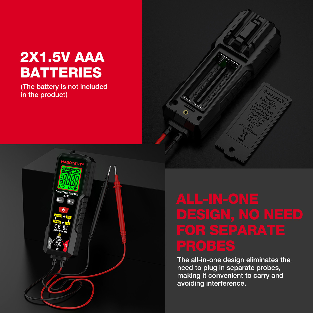 HT93 Digital Multimeter Voltage Tester 2000 Counts AC/DC Volt Meter True RMS NCV Phase Test Auto-Ranging Multimetro