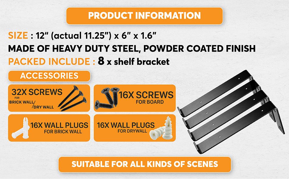 Powder Coated 12 Inch Industrial Forged Steel Floating Shelf J Bracket with UP L Down Lip Floating Brackets