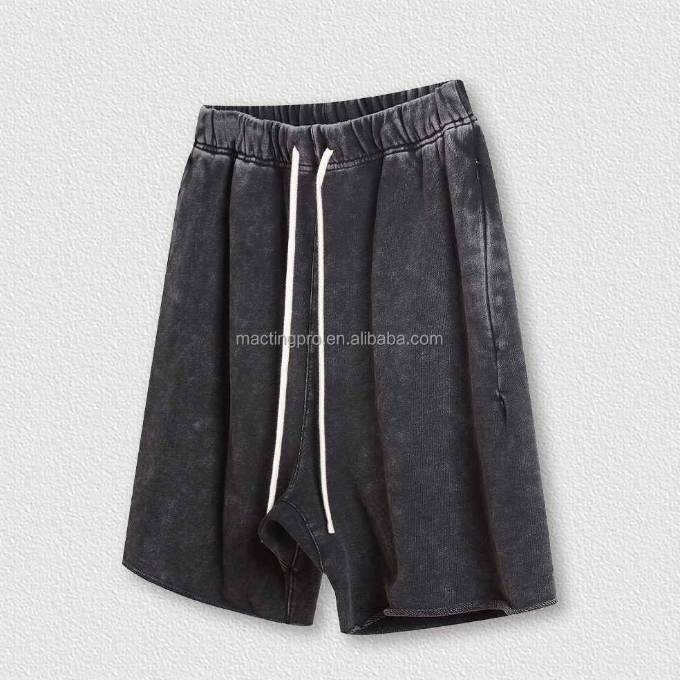 2024 Summer Men's Acid Washed Jogger Workout Gym Vintage Elastic Waist Raw Hem Shorts