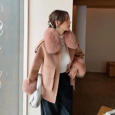 Korean Style Fall Winter Short Real Fox Fur Coat Women Genuine Wool Coat for Women with Fur Collar
