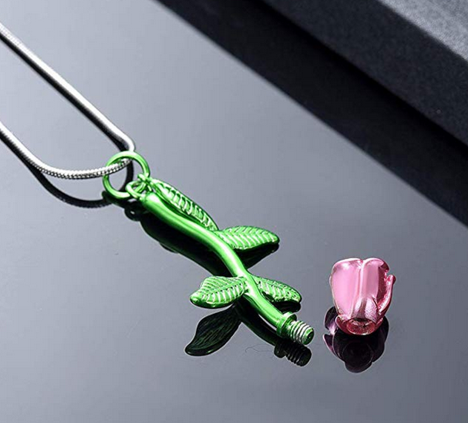 Stainless Steel Rose Flower Urn Pendant Necklace for Ashes Memorial Cremation Jewelry