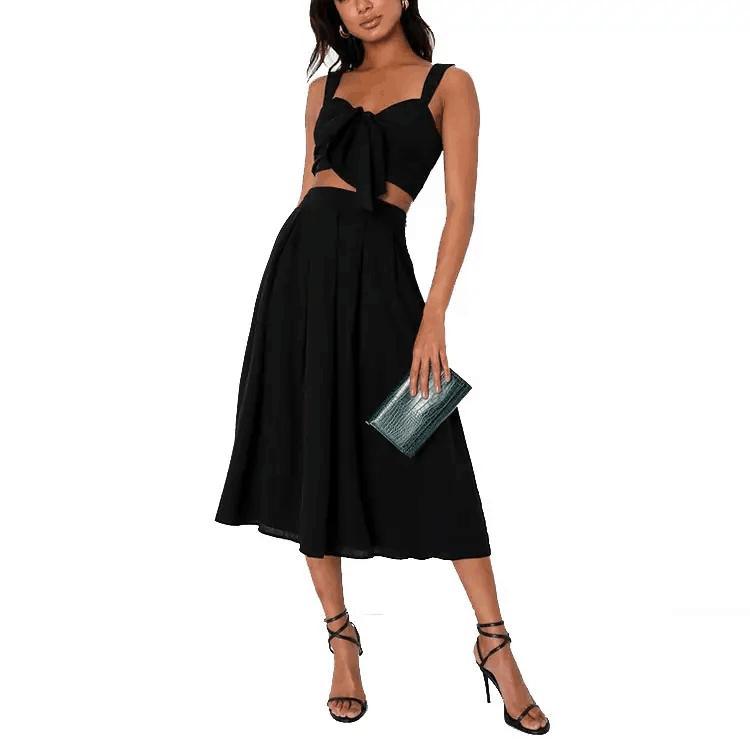 Crinkle Woven Rayon Black Sleeveless Tie-Front Two-Piece Dress Smocked Crop Tank Top and High Waist Long Skirts Suits