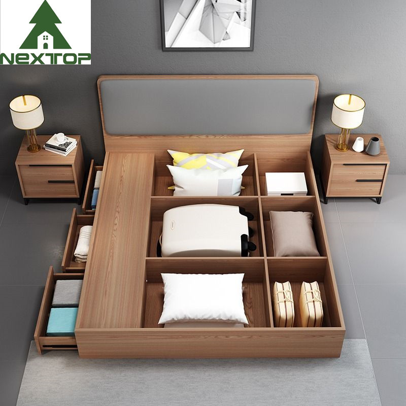Modern Hotel Bedroom Furniture Wooden Structure Double Storage Bed For Home