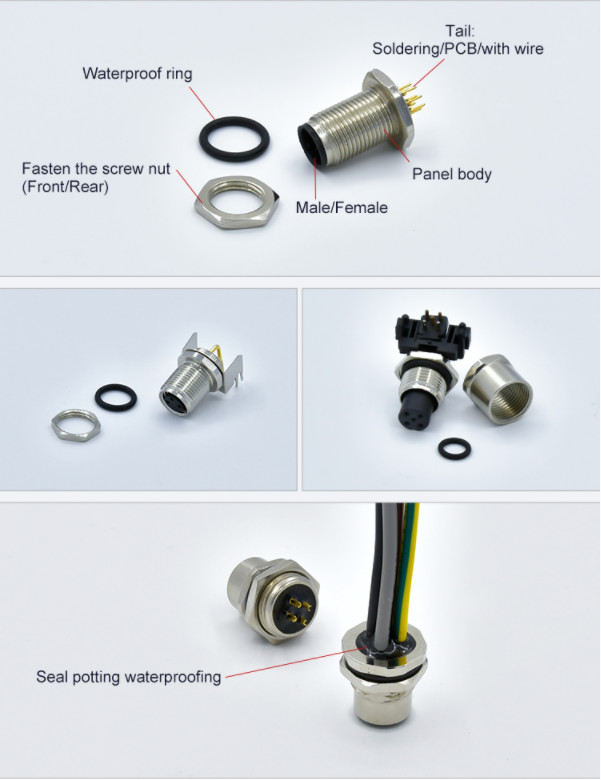 Metal Wall Panel Mount Waterproof M12 Connector 5pin A Code Female With Pigtail Wire