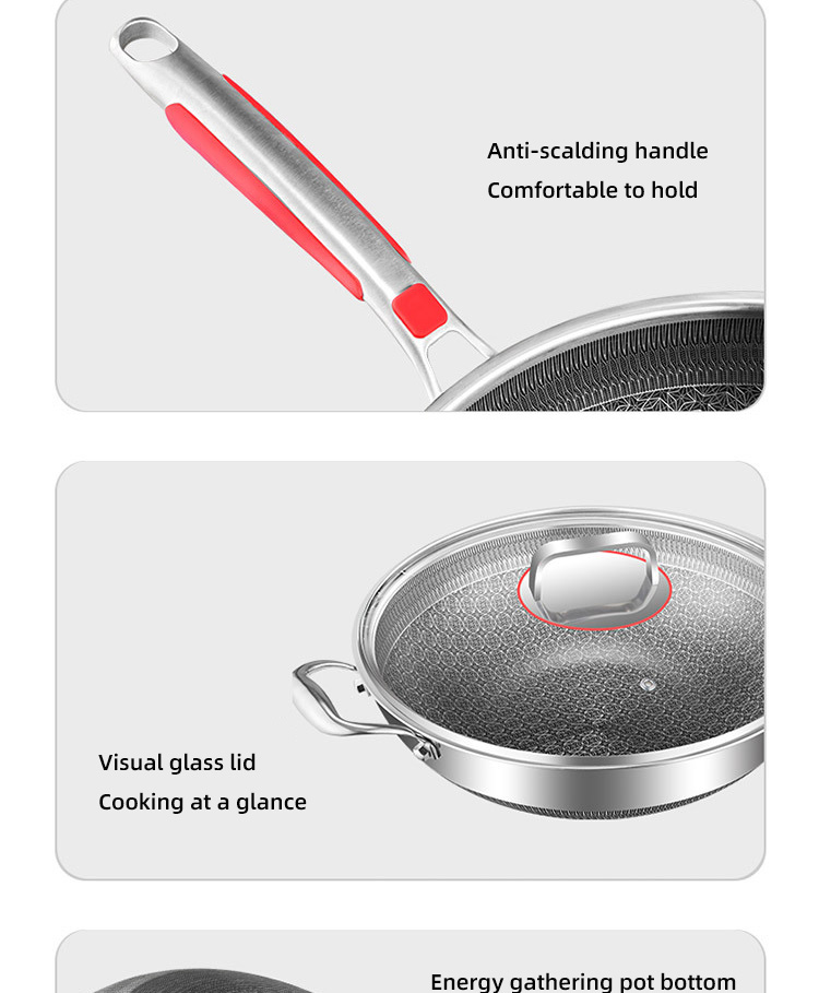 Wholesale Honeycomb Non Stick Fry Pan Cooking Pot 18/10 Stainless Steel Wok Pan With Glass Cover
