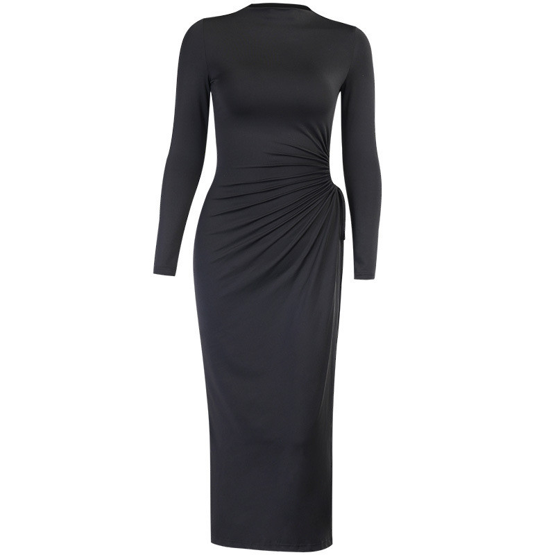 Autumn C Drawstring High Neck Long Sleeve Maxi Dress
