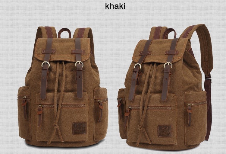 Large Travel Hiking Drawstring Canvas Leather Backpack Women'S Unisex