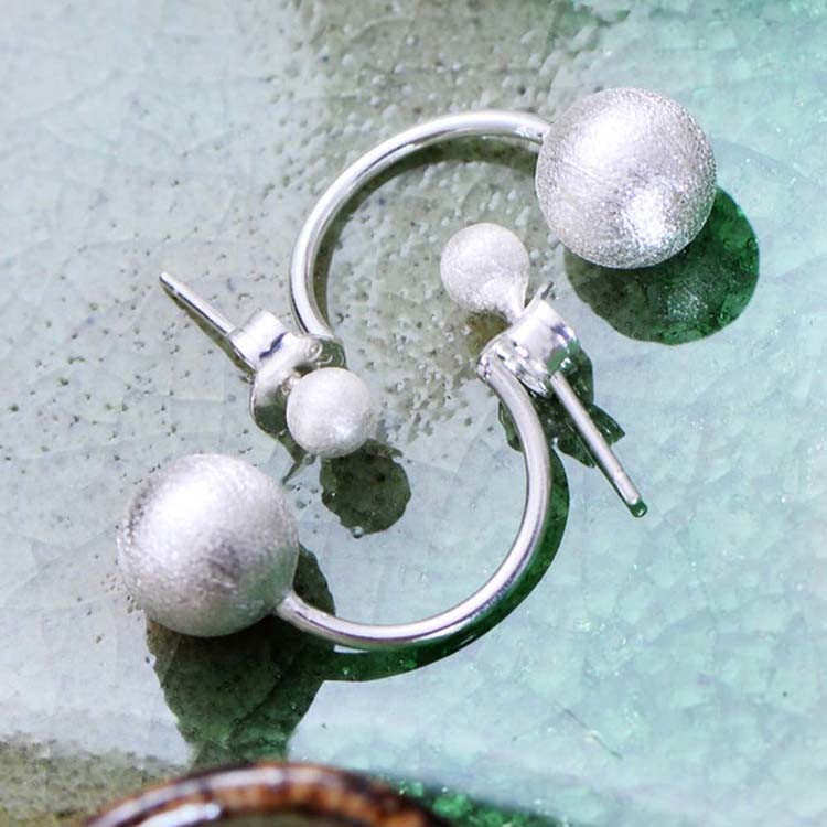 Womens Double Sterling Silver Beads Hoop Earrings (XH051332W)