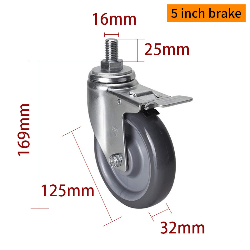 EDL Medium Duty 5inch 150kg Threaded TPU Caster by Swivel and Brake type 505S-76