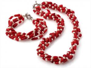 China High quality coral necklace and bracelet with pearls woman Jewelry set handmake China on sale