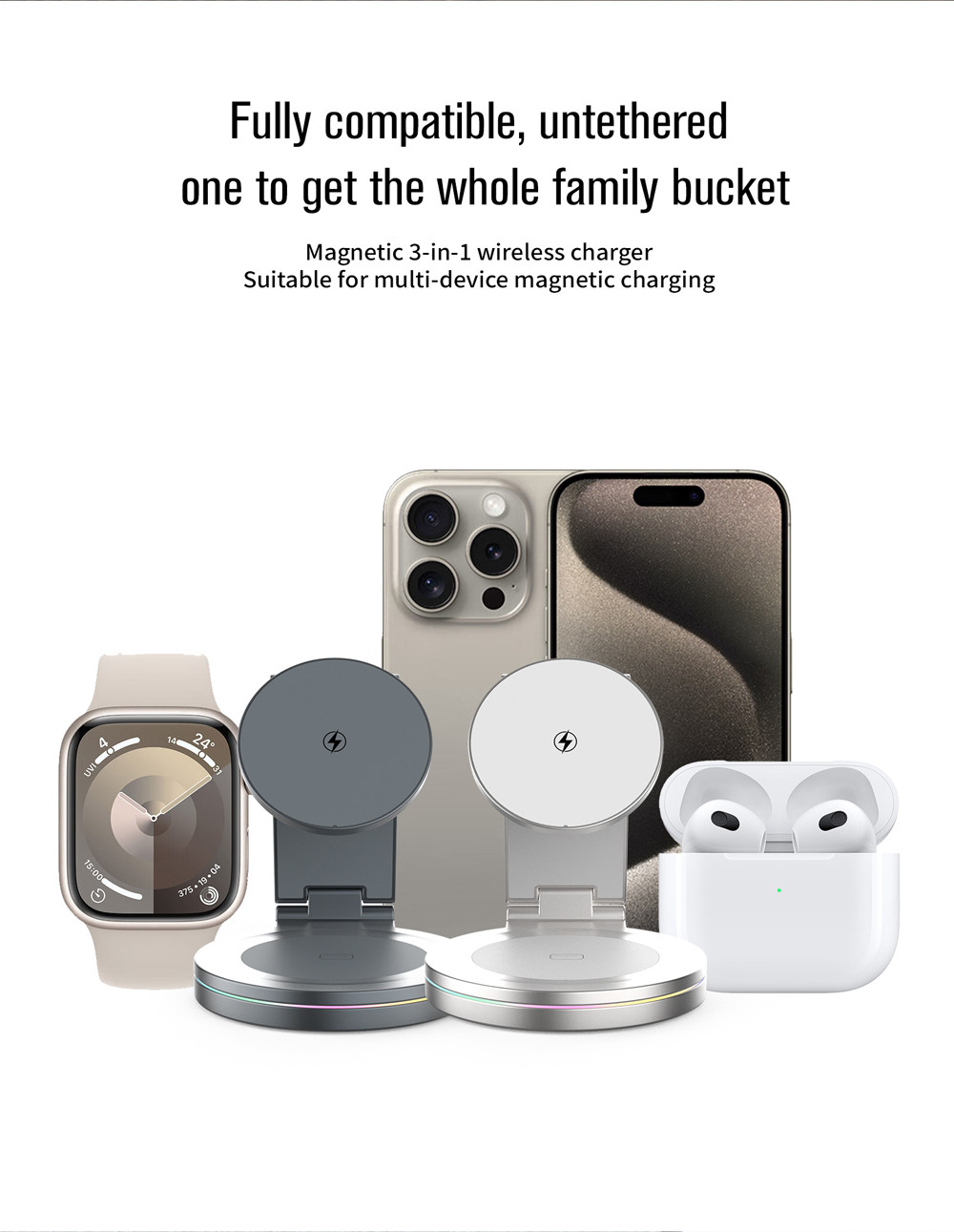 Foldable Magnetic Wireless Charger with 360-Degree Rotation and 15W Power Output