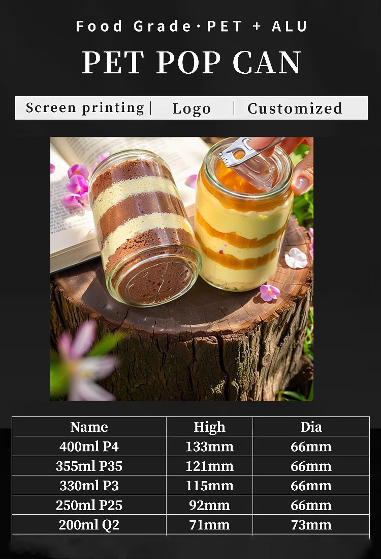 Wholesale Custom Logo Disposable Food Grade PET Canned Plastic Jars with Easy Open Lid Dessert and Cake Juice Cans for Beverage