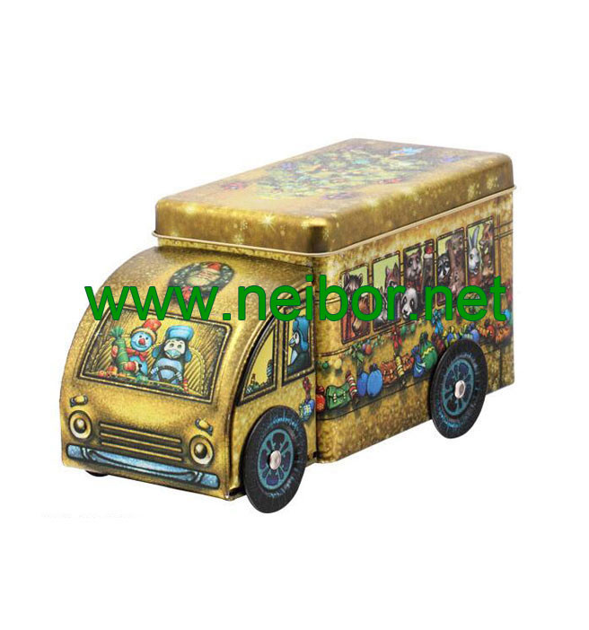 custom printing Gift tin car box tin bus with 4 wheels for chocolate packaging