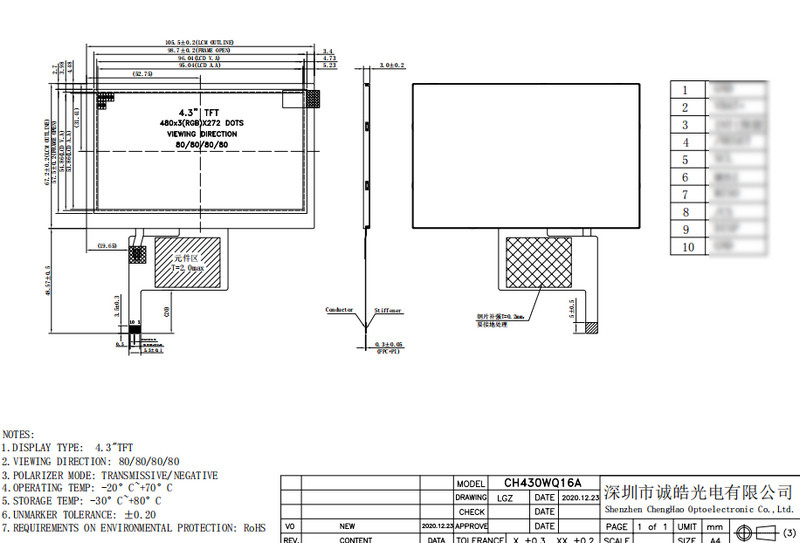 4.3 Inch Negative LCD Display 480x272 Resolution All Viewing Direction