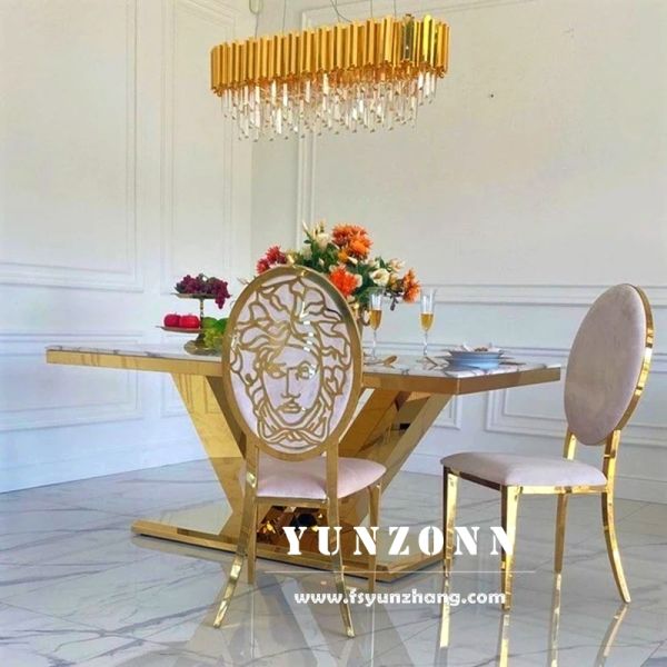 Luxury Gold Dining Table with White Marble Top OEM Furniture for Hotel Restaurant for Banquets Living Room Use Metal Material