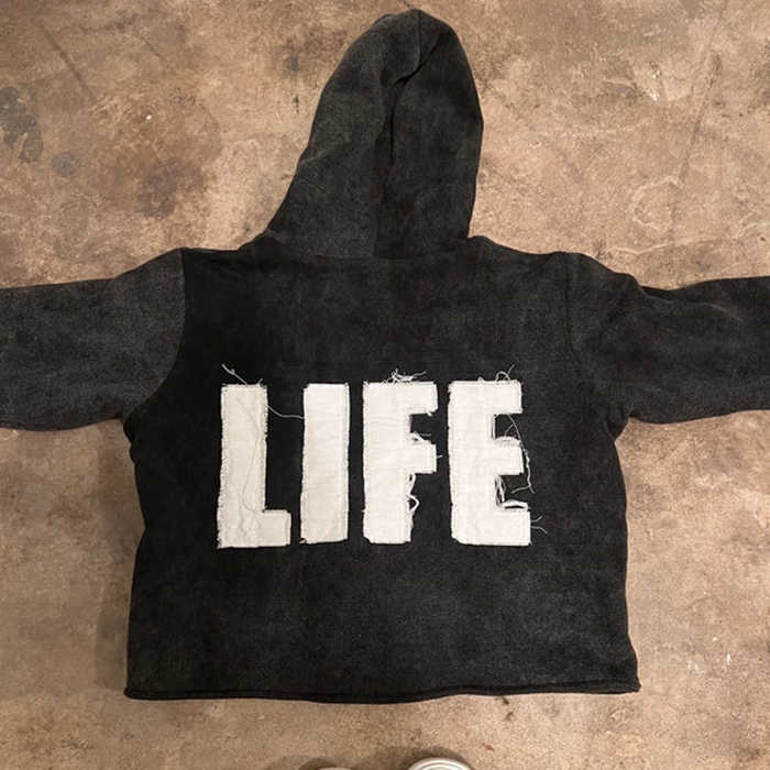 Unisex Vintage Hoodie with Embroidery Patch Distressed Applique in Cotton French Terry