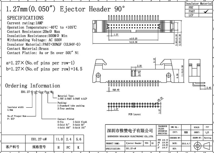 Two Row Shrouded 20 Pin Header Right Angle Right Angle Type EH Series