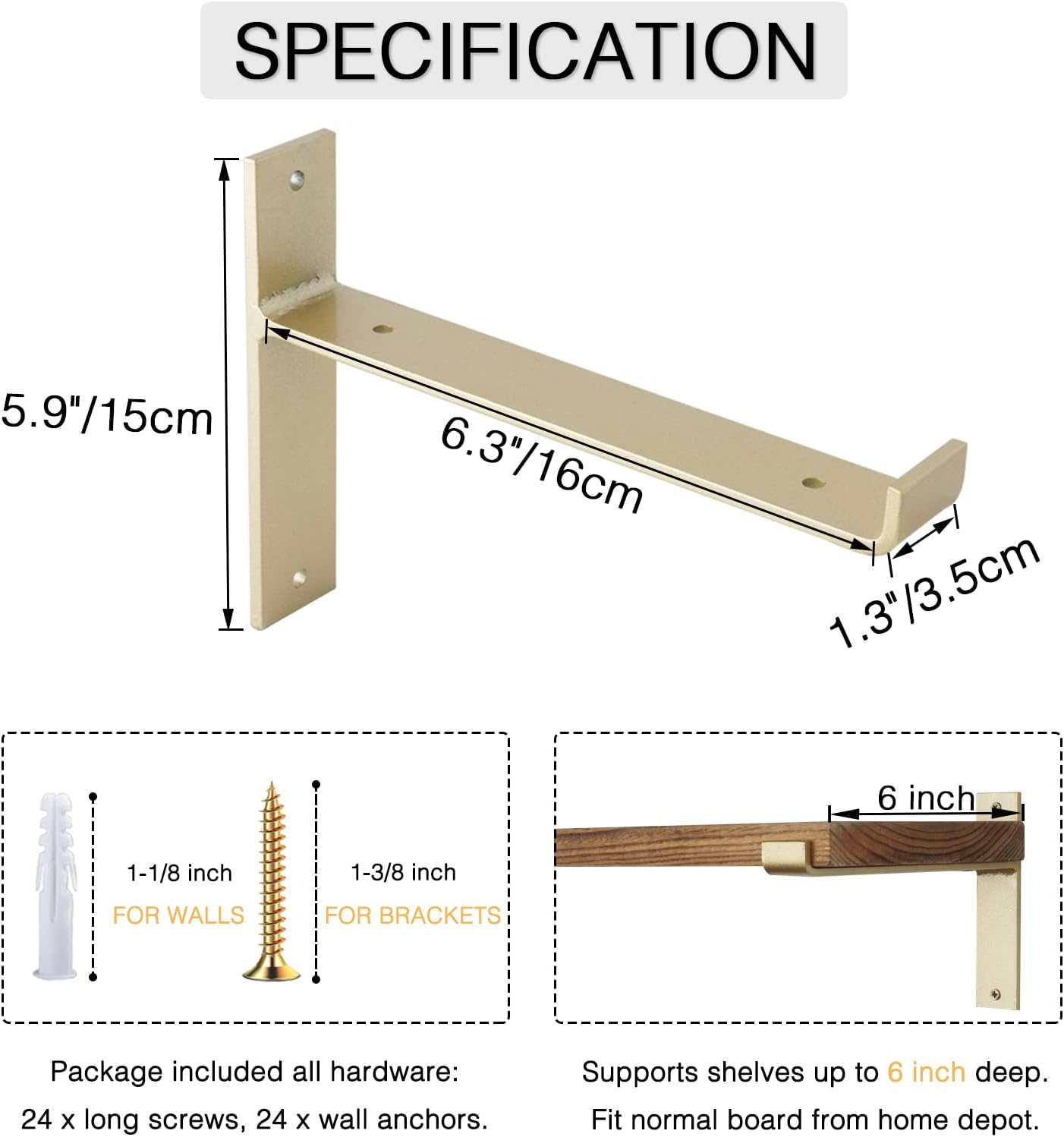 Industrial Metal Shelf Support with Lip for Wooden Boards Heavy Duty T Brackets 6inch