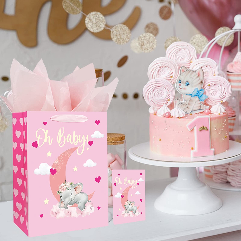 Custom Order 300gsm Ivory Board Pink Baby Shower Gift Carrier Paper Bag for Baby Clothes