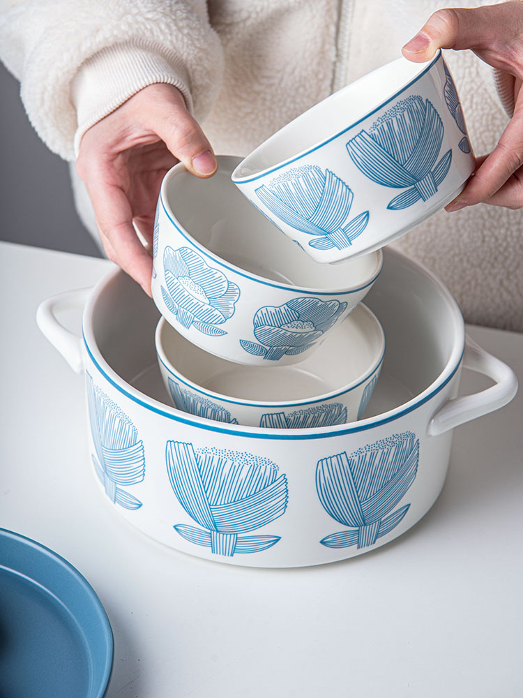 White Blue Bowls Charger Steak Plates Dish Tableware Porcelain Dinner Sets For 10 Users
