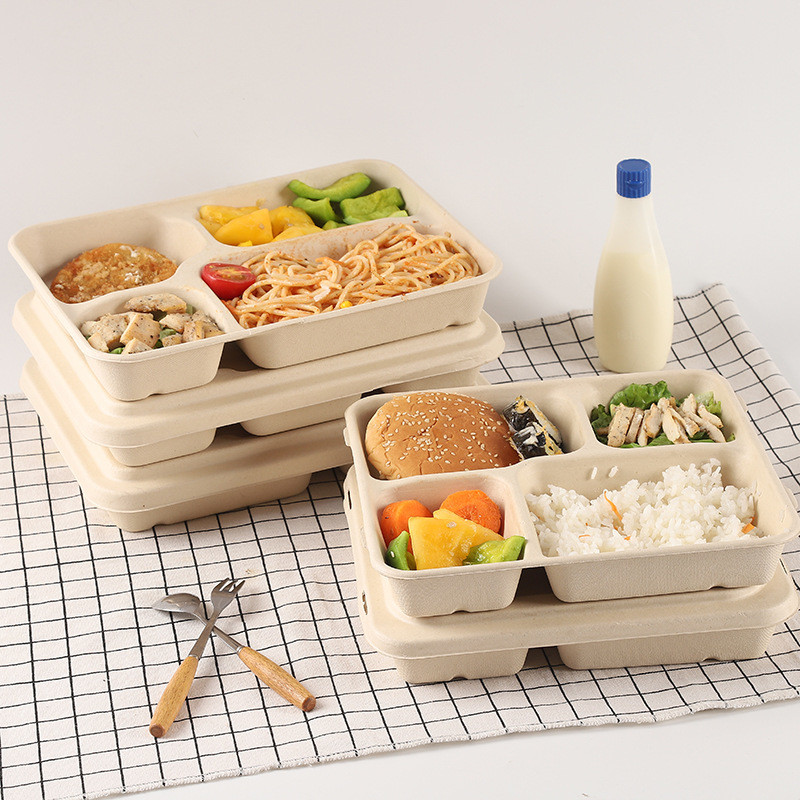 4 Compartments Biodegradable Sugarcane Bagasse Plates Compostable For Lunch