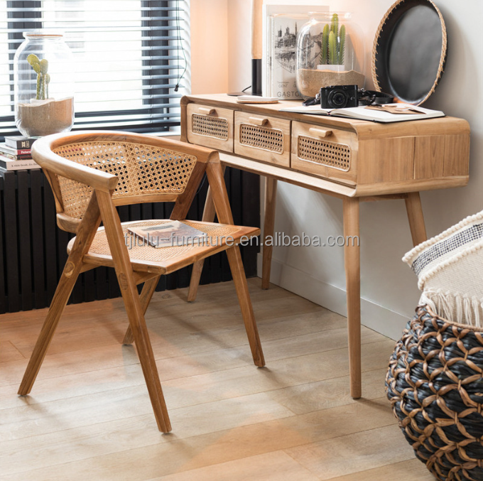 Living Room Furniture Japanese Style Solid Wood Rattan Fabric Single Dining Chair with Modern Design
