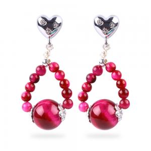 China Handmade Crystal Stone Earrings Rose Red Tiger's Eye Gemstone Beaded Heart Charms Pendant Earrings on sale