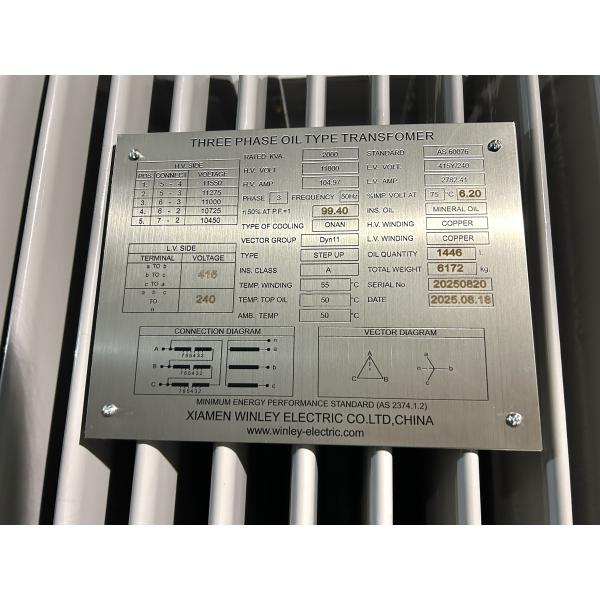 2000Kva Three Phase Electrical Power Distribution Transformer Oil Immersed 11kV 415V AS60076 Standard