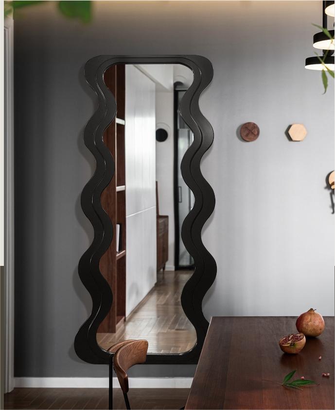 OEM Floor Wavy Standing Mirror Black Ornate Wooden Frame