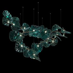 Quality Large Glass Emerald Lotus Leaves Shape Chandelier For Staircase Hotel Lobby for sale