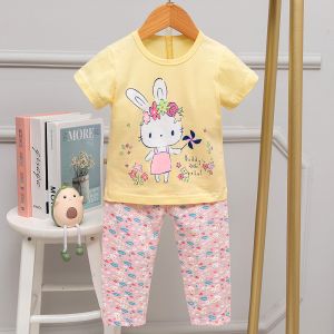 Quality Hemming Short Sleeve Pajama Set Cotton Long Ear Rabbit Print Pyjamas For 140cm height for sale