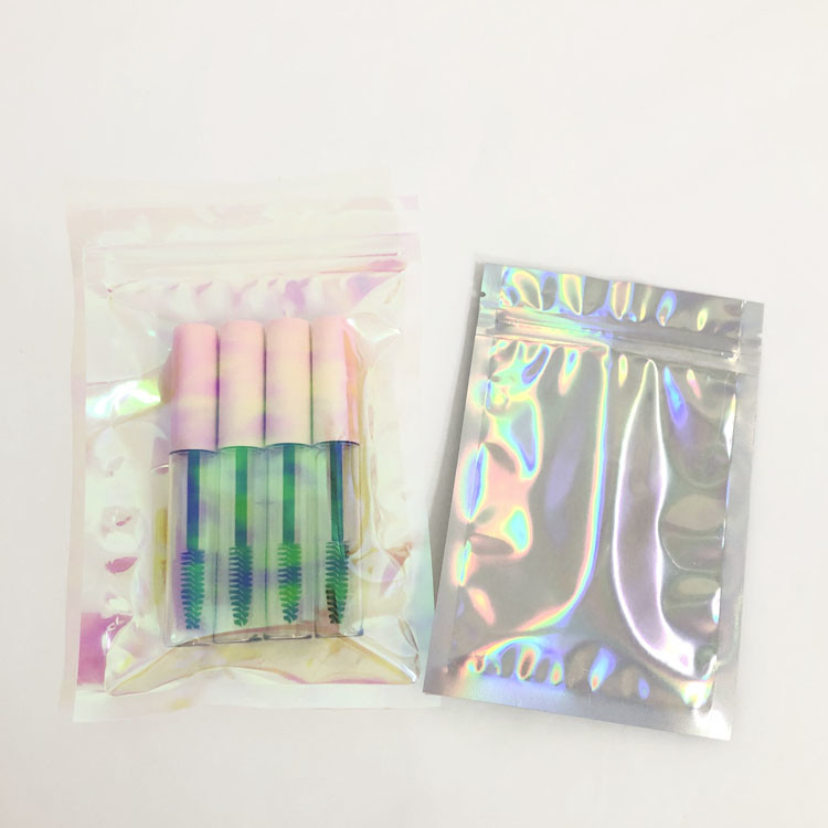 Custom logo zipper glittery silver shinny hologram zip lock gift plastic iridescent packaging bag