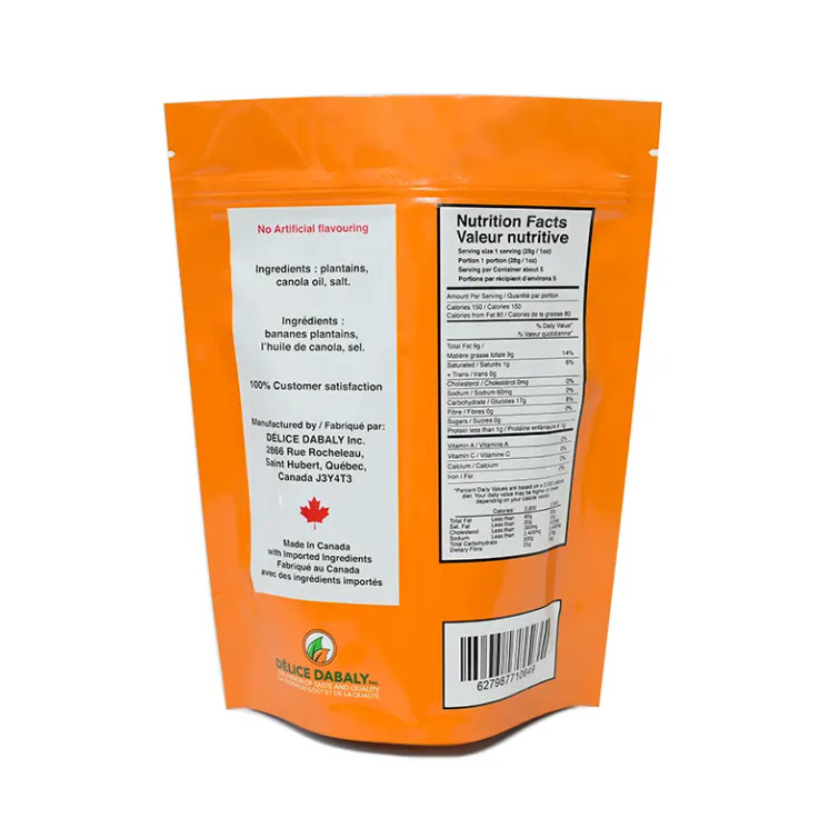 Snack Chips Packaging Custom Logo Zipper Food Grade Bags Pouch Sachet Plantain Chips Resealable Composite Plastic