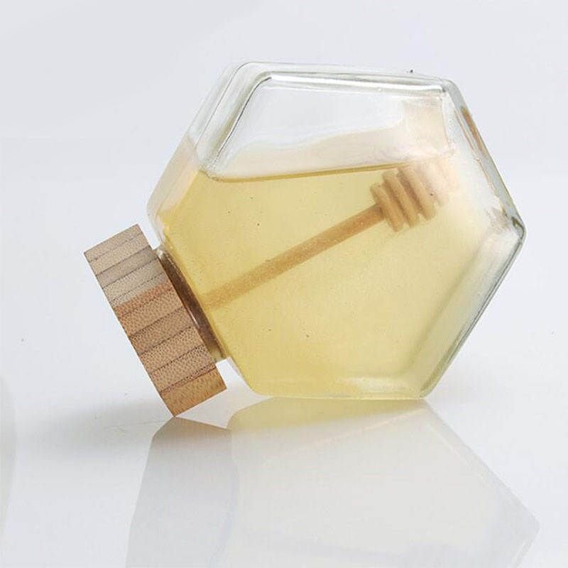 Empty Wooden Jar Lid 100ml 200ml 500g Hexagon Honey Jar With Dipper