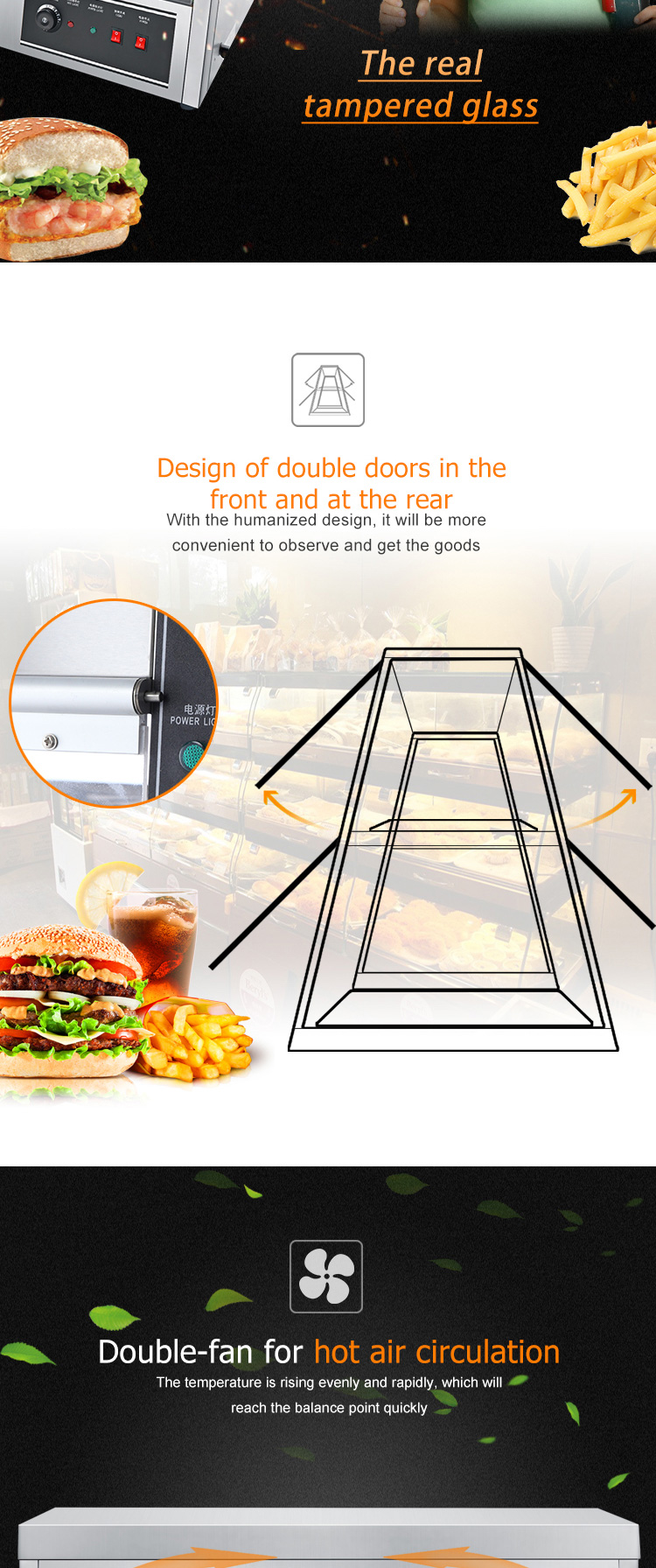 1600W Commercial Kitchen Counter Top Fast Food Warmer Display Showcase for KFC Chicken