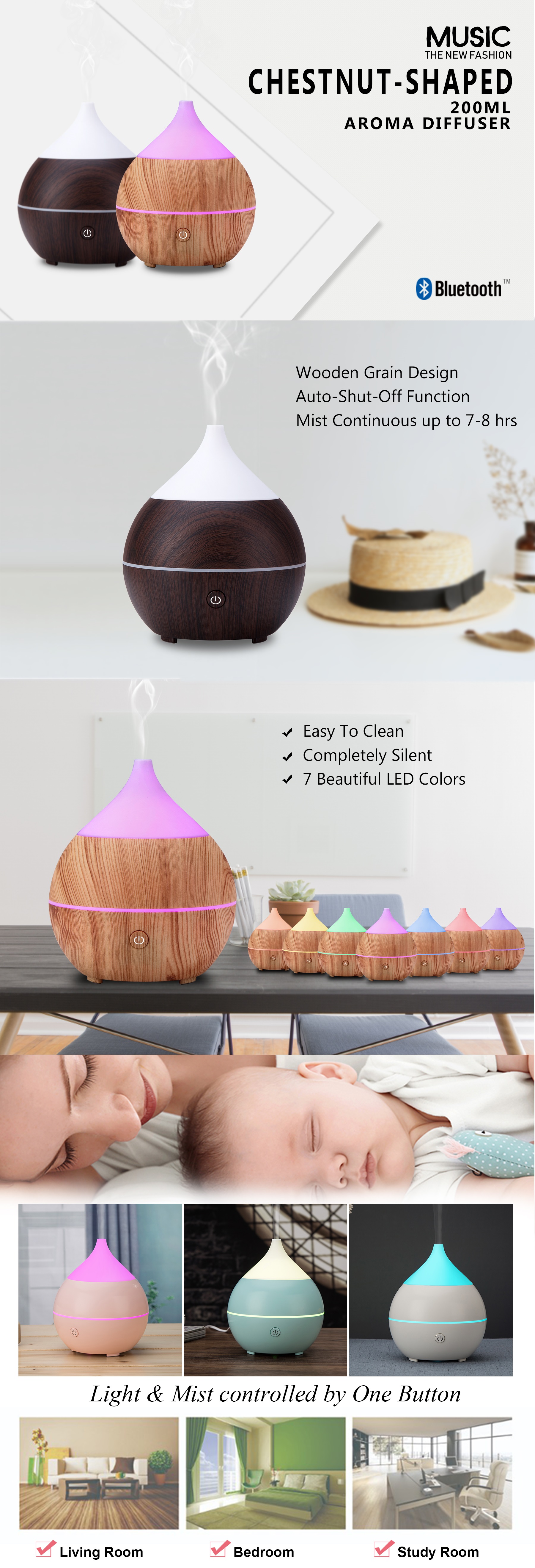 7 Color Changing LED Light 200ml White 24V Bluetooth Aroma Diffuser