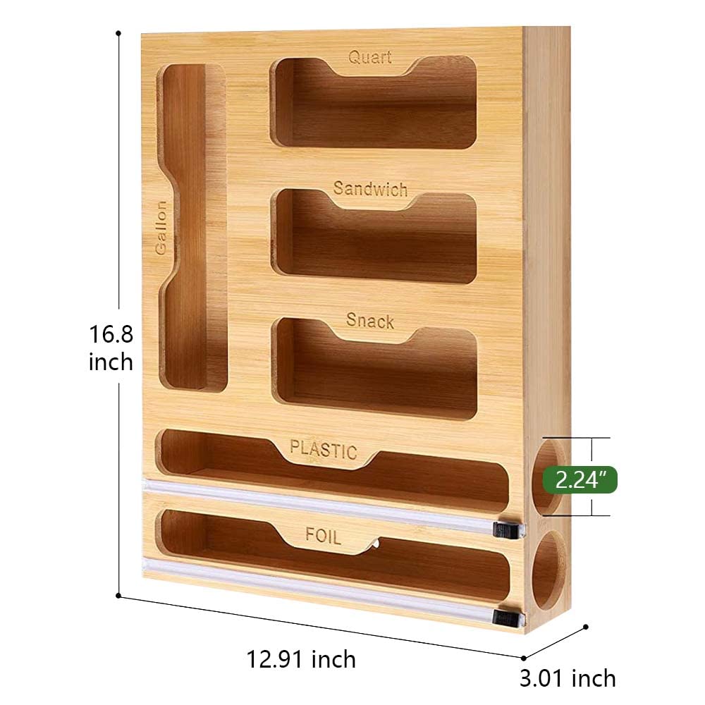 Bamboo 6 In 1 Ziplock Bag Storage Organizer With Cutter Functional Design Single Tier