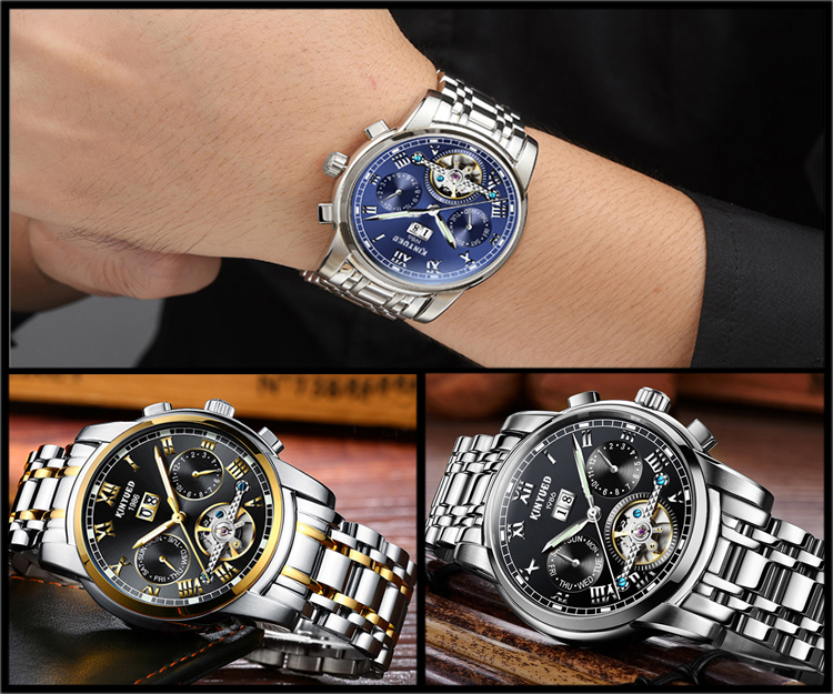 KINYUED stainless steel tourbillion watch mechanical luminous watch men wristwatch