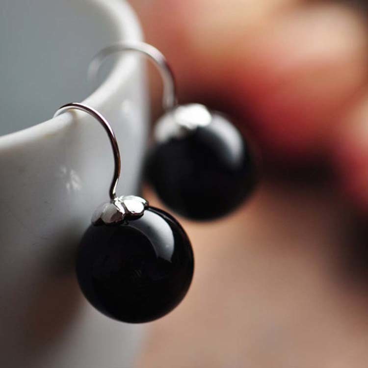 925 Sterling Silver Dangle Earrings with Black Onyx Bead (011634BLACK)