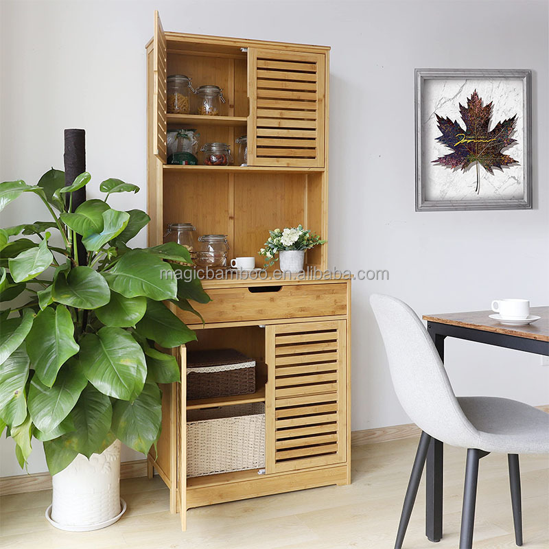 Kitchen Freestanding Bamboo Corner Cabinet Storage With Microwave Stand And Shelves