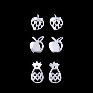Quality No Stone Plain Silver Earrings 3 In 1 Set Strawberry Apple Pineapple Fruit Jewelry for sale