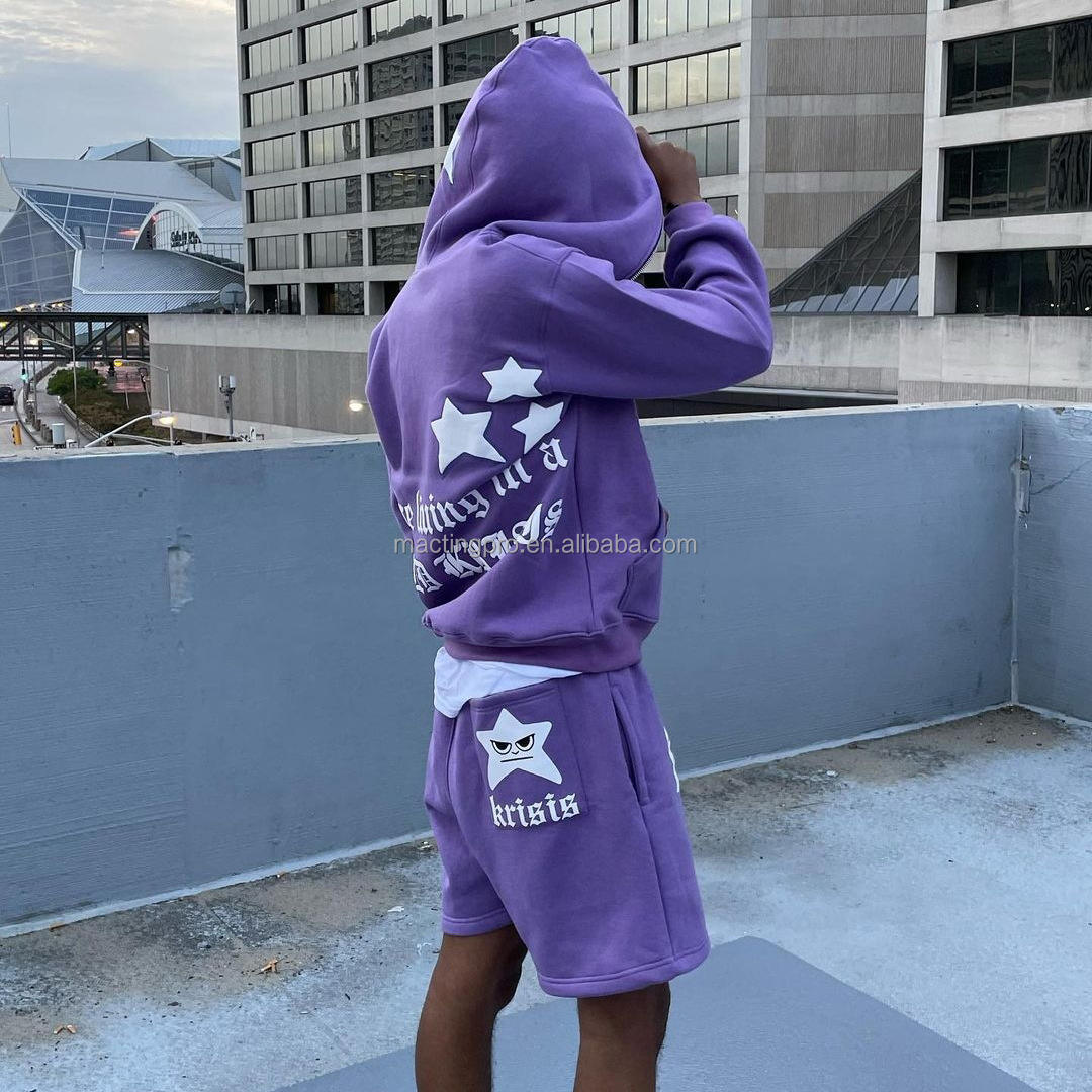 Cool Colourful Tracksuit Combat Distressed Embroidery Patchwork Hoodie Shorts Sets French Terry 3D Puff Printing
