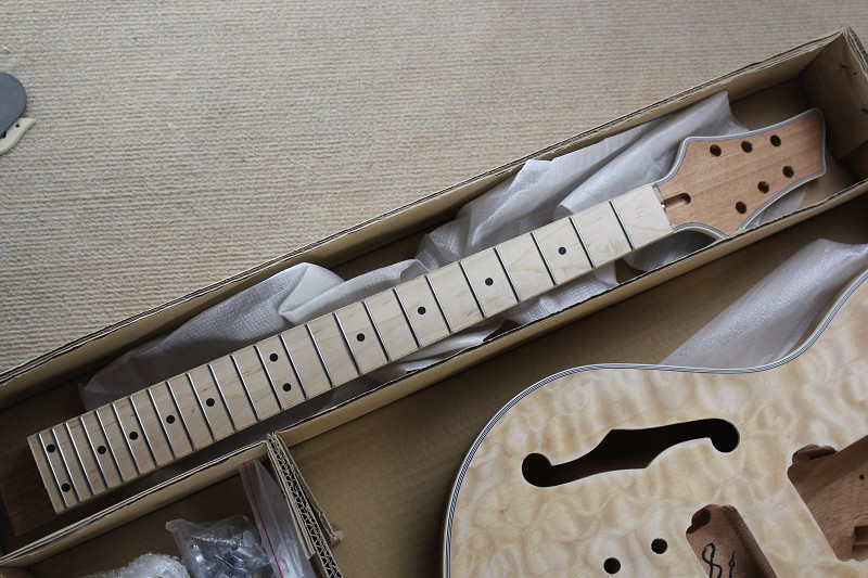 Custom Semi-hollow Electric Guitar Kit(Parts) with Mahogany Body ans Neck,Flame Maple Veneer,Chrome Hardwares,DIY Guitar