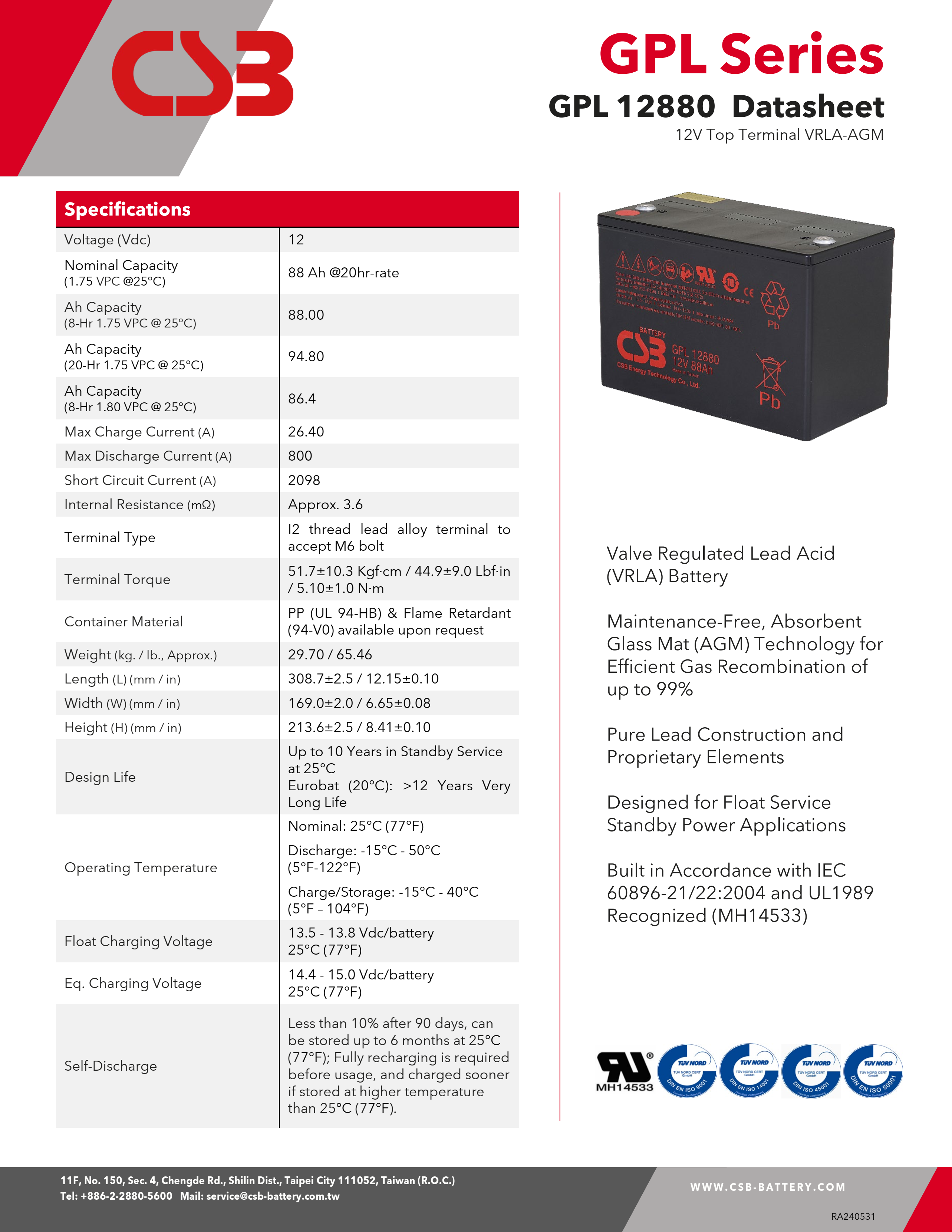 CSB GPL12880 12V 88Ah Maintenance-Free Sealed Lead-Acid Battery Valve-Regulated Lead-Acid Battery For Solar Systems Emergencies