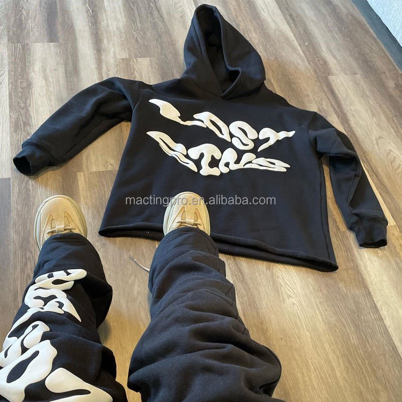 Cricket Cotton Tracksuit Custom Men'S Hoodie Set Puff Print Stacked Flared Pants