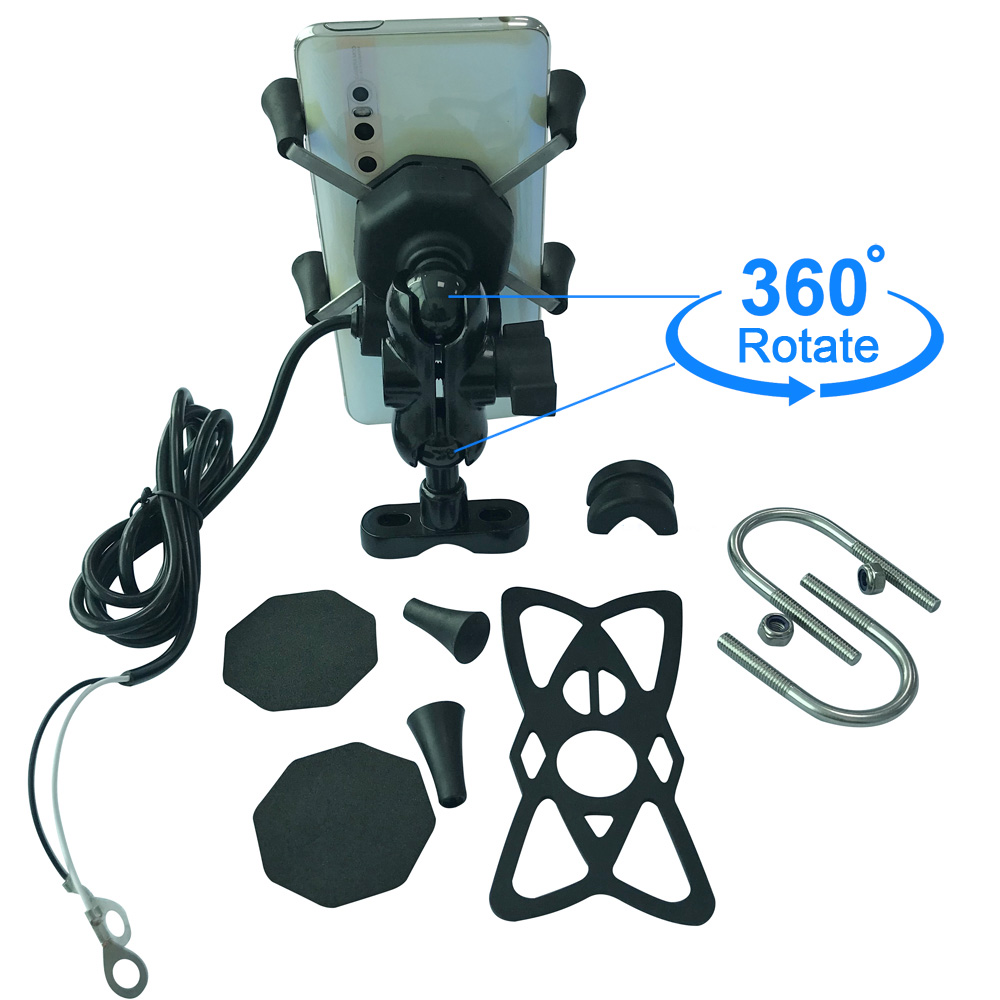 5V 2.5A Handlebar X Claw Motorcycle Phone Mount Stand Black Color