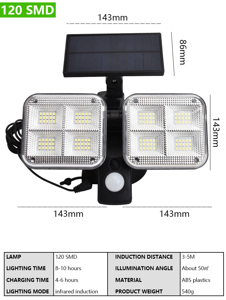 Dual Head Led Outdoor Wireless Solar Powered PIR Motion sensor Solar Garden Wall Light