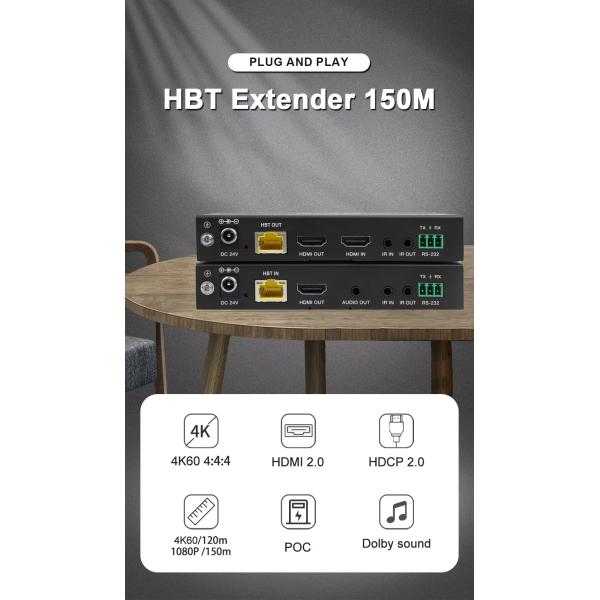 4K60 150m HDBaseT Extender Support One Loop Out Audio Extraction HDMI Extender IR/RS-232/CEC Control Cat6 HDMI Extender