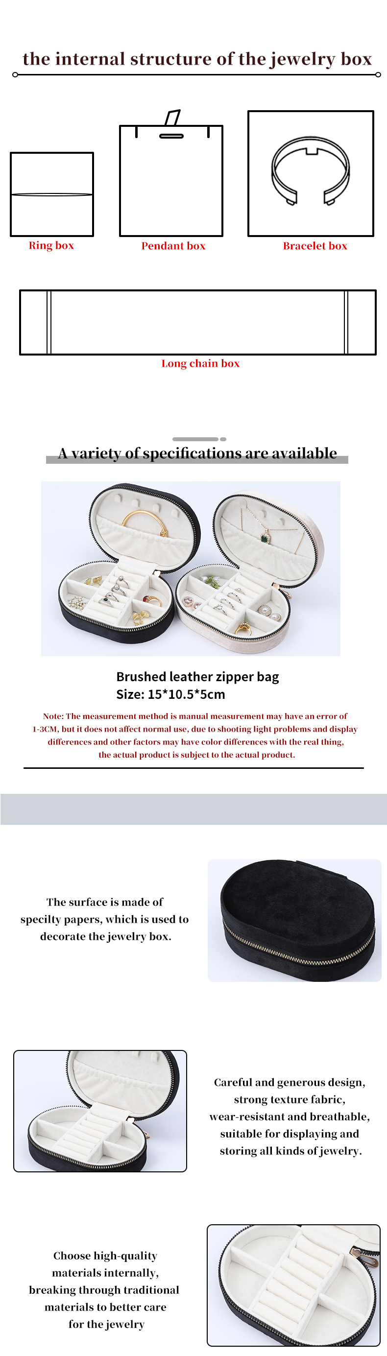 Oval Multiple Cells Soft Velvet Jewelry Travel Zipper Organizer for Pendant Ring