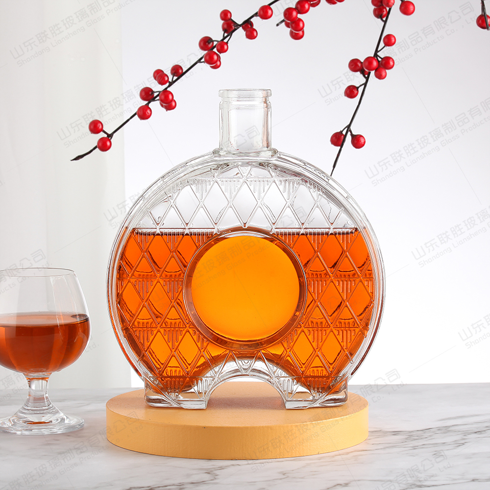 Customized Round 750ml Wine Decanter Glass Bottle with Fine Carved Art and Cork Stoppers
